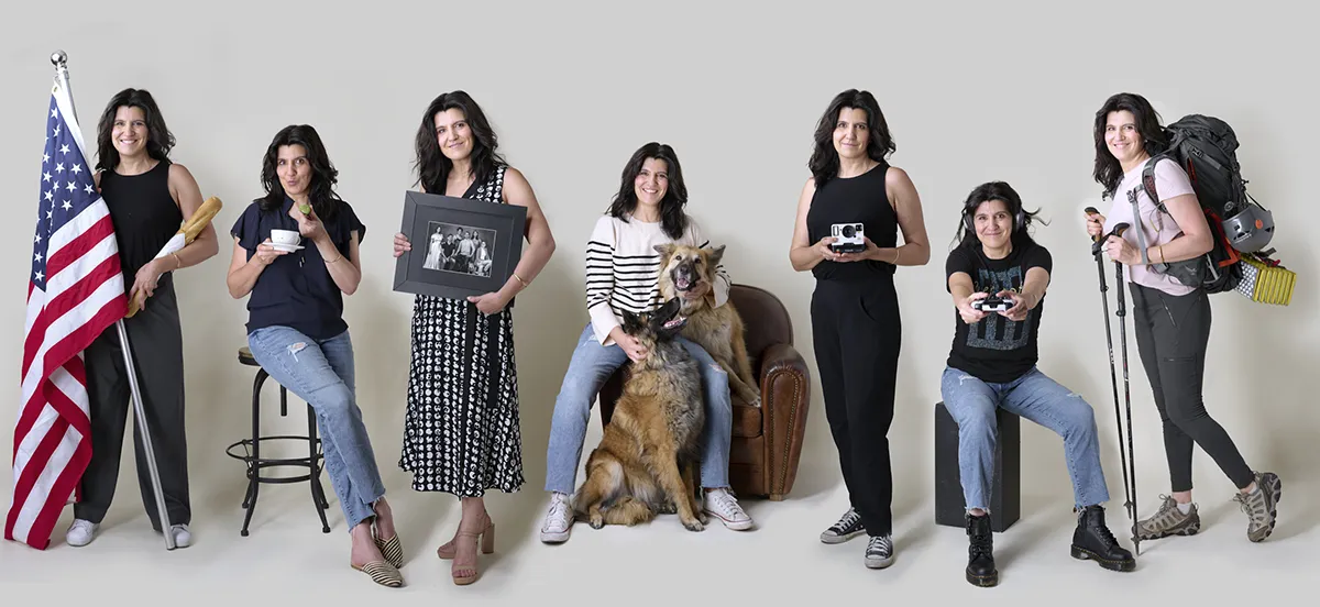 Marie Feutrier composite showing multiple roles from baker to adventurer with dog